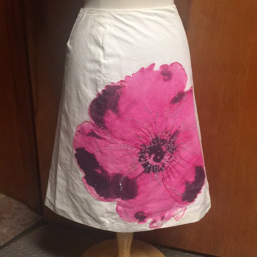 DANA BUCHMAN Silk Screen White Skirt Pink Flower 6 Warhol Sequins